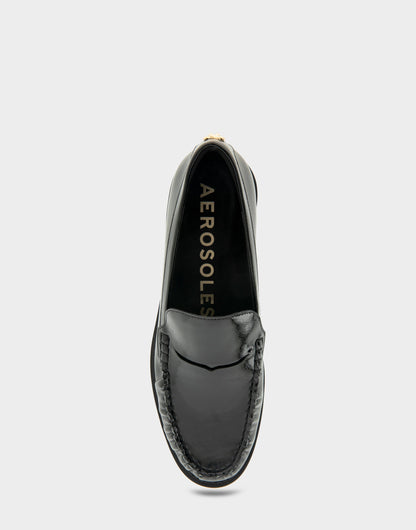 Aerosoles Sienna Black Crinkled Patent Faux Leather Lightweight Flexible Tailored Weejun Loafer