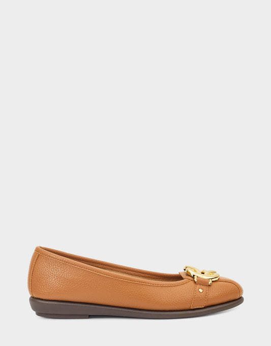 Aerosoles Big Bet Tan Brown Faux Leather Ballet Flat with Gold Hardware