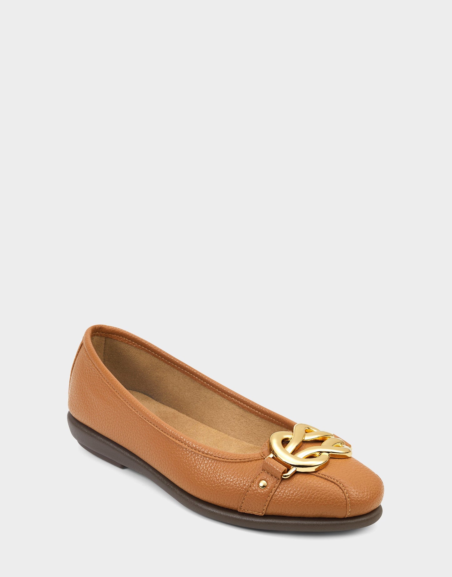 Aerosoles Big Bet Tan Brown Faux Leather Ballet Flat with Gold Hardware