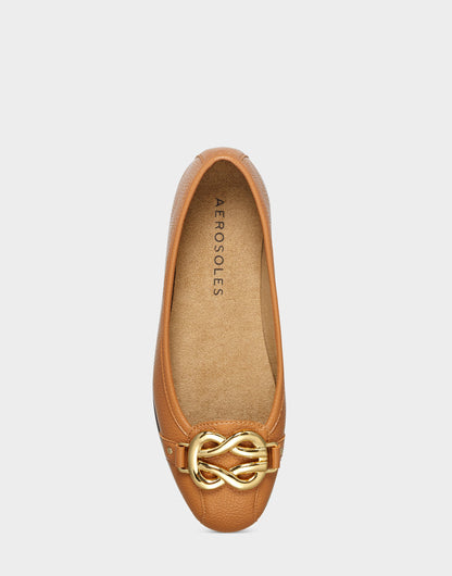 Aerosoles Big Bet Tan Brown Faux Leather Ballet Flat with Gold Hardware