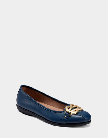 Aerosoles Big Bet Navy Blue Faux Leather Ballet Flat with Gold Hardware