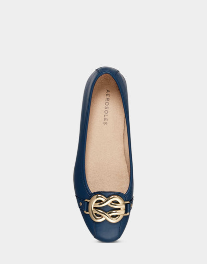 Aerosoles Big Bet Navy Blue Faux Leather Ballet Flat with Gold Hardware