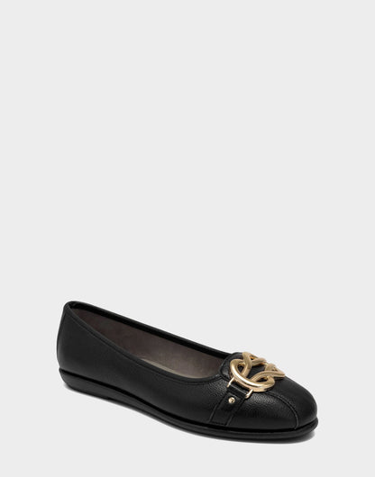 Aerosoles Big Bet Black Faux Leather Ballet Flat with Gold Hardware