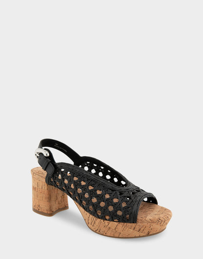 Aerosoles Comfortable Women's Platform Sandals in Black Embroidered Raffia Fabric