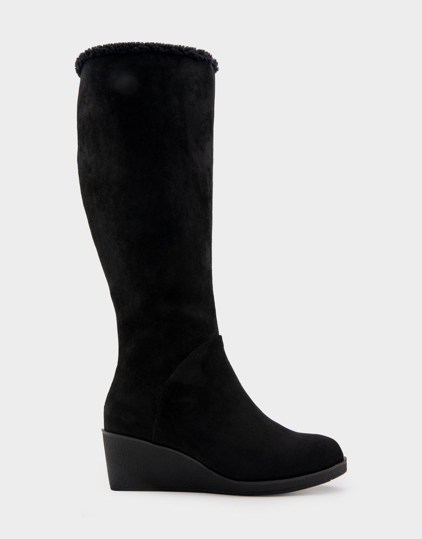 Aerosoles Comfortable Women's Faux Shearling Trimmed Knee High Wedge Boot in Black Faux Suede Faux Suede