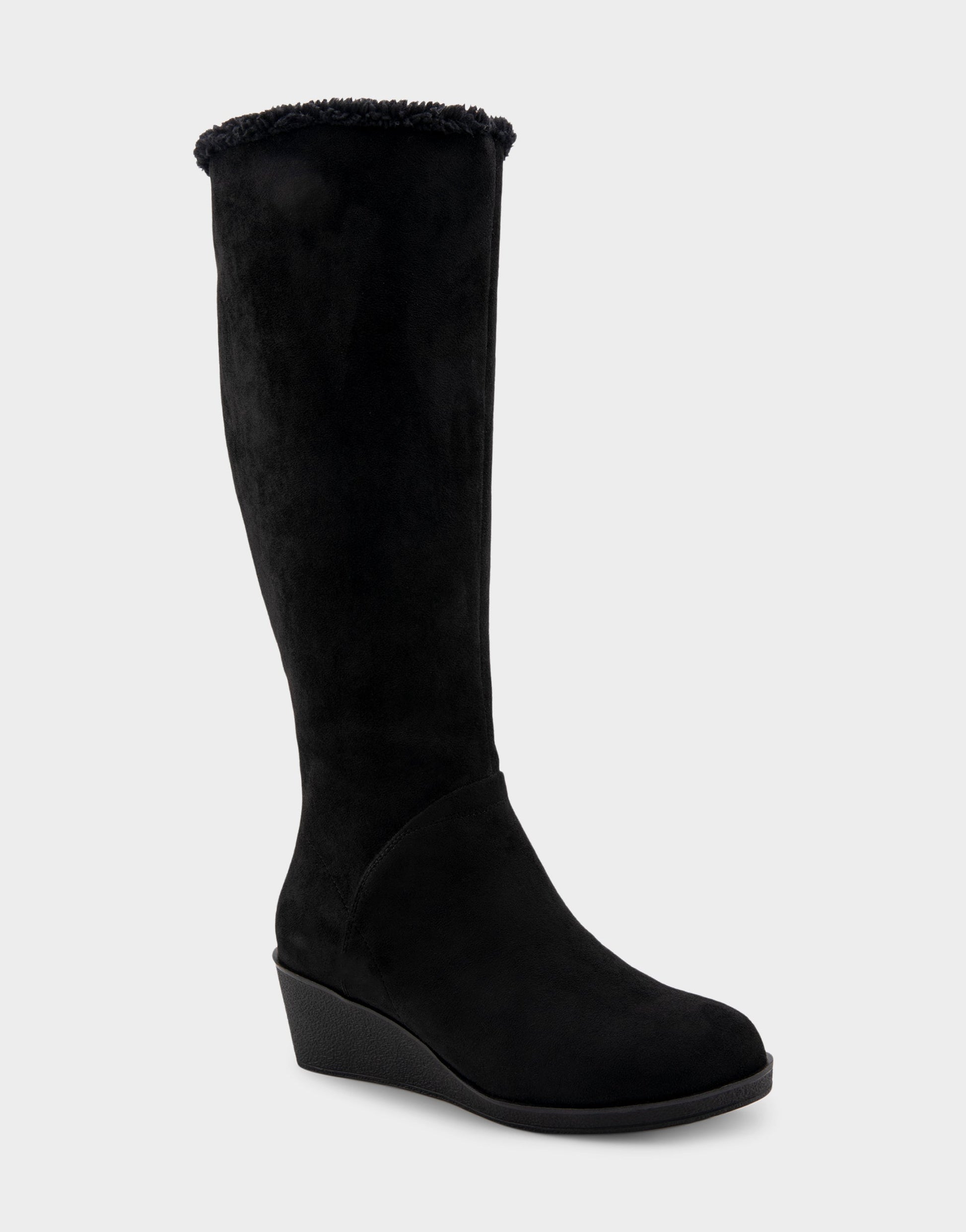 Aerosoles Comfortable Women's Faux Shearling Trimmed Knee High Wedge Boot in Black Faux Suede Faux Suede