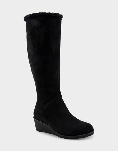 Aerosoles Comfortable Women's Faux Shearling Trimmed Knee High Wedge Boot in Black Faux Suede Faux Suede