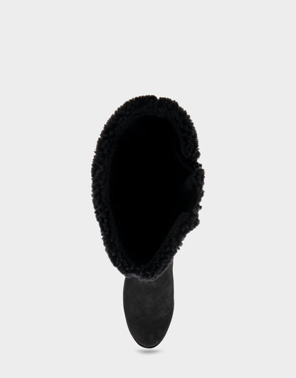 Aerosoles Comfortable Women's Faux Shearling Trimmed Knee High Wedge Boot in Black Faux Suede Faux Suede