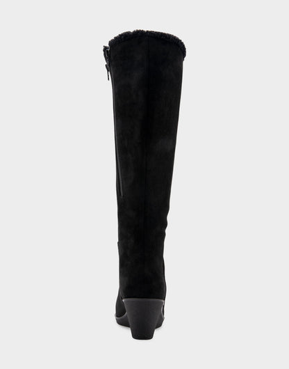 Aerosoles Comfortable Women's Faux Shearling Trimmed Knee High Wedge Boot in Black Faux Suede Faux Suede