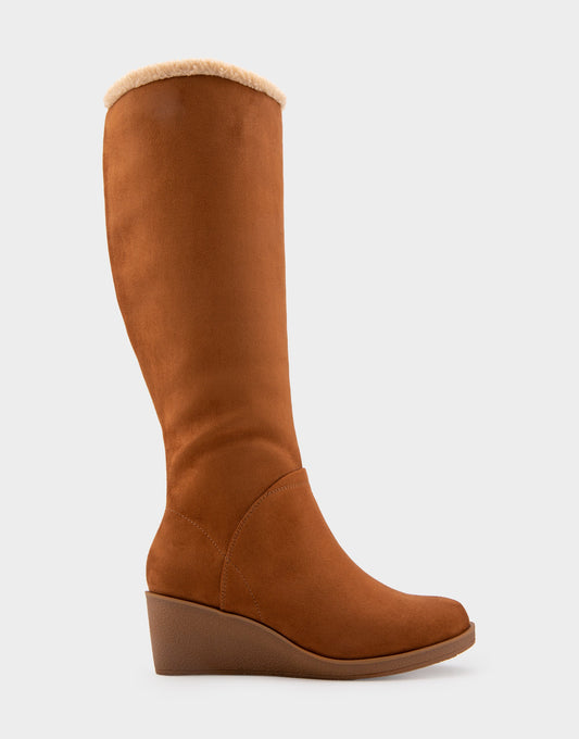 Aerosoles Comfortable Women's Faux Shearling Trimmed Knee High Wedge Boot in Tobacco Faux Suede Faux Suede