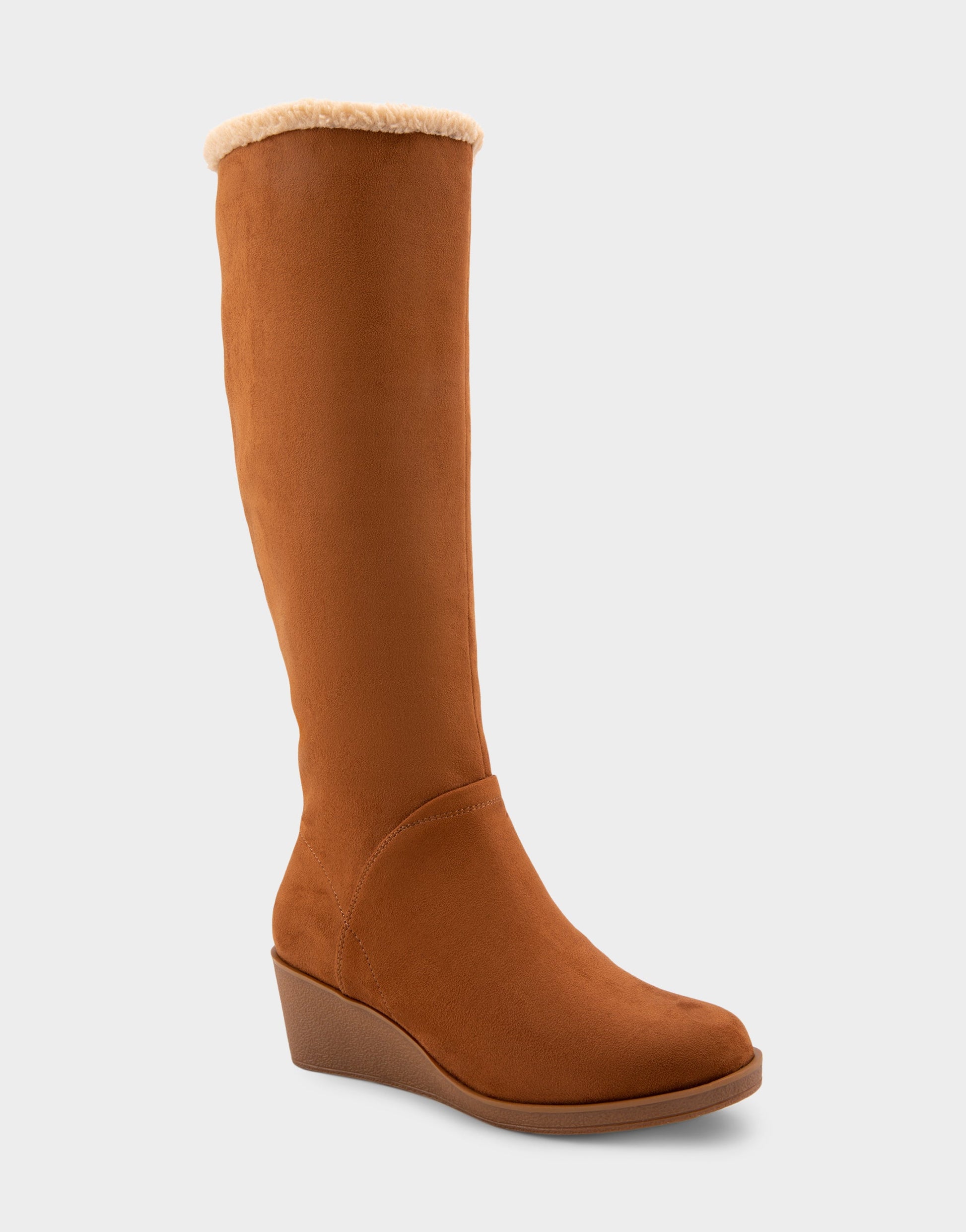 Aerosoles Comfortable Women's Faux Shearling Trimmed Knee High Wedge Boot in Tobacco Faux Suede Faux Suede