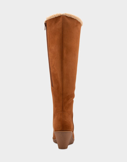 Aerosoles Comfortable Women's Faux Shearling Trimmed Knee High Wedge Boot in Tobacco Faux Suede Faux Suede