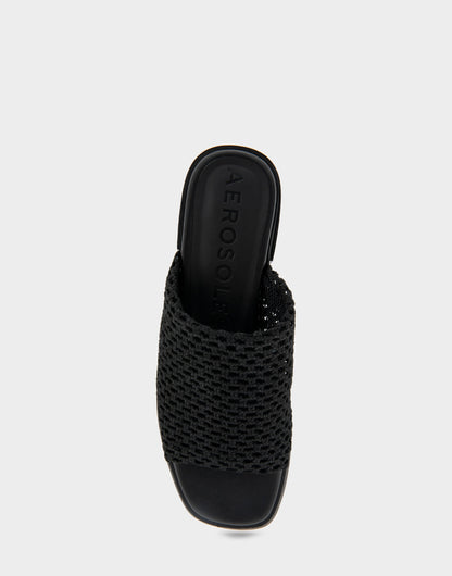 Aerosoles Comfortable Women's Knit Slip On Low Block Heel Sandal in Black Knit Fabric